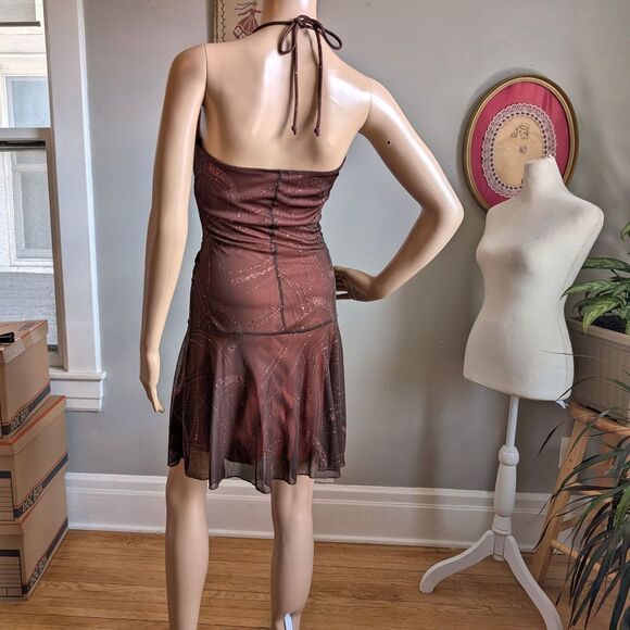 Vintage 90s Taboo Mini Dress Party Drop Waist Glitter Trashy Brown Size M - Picture 2 of 11